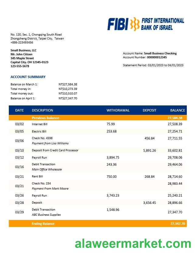 FIBI Bank enterprise account statement Word and PDF templat